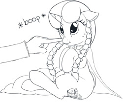 Size: 825x697 | Tagged: safe, artist:mcsadat, imported from derpibooru, oc, oc:marker pony, pony, unicorn, 4chan, boop, cape, clothes, female, hand, horn, mare, onomatopoeia, scrunchy face, simple background, sitting, sketch, solo, white background