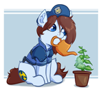 Size: 1922x1755 | Tagged: safe, artist:witchtaunter, imported from derpibooru, pony, beret, clothes, green herb, hat, jill valentine, ponified, resident evil, sitting, watering