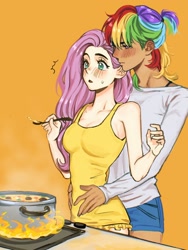 Size: 1200x1600 | Tagged: safe, artist:diannewithluv, imported from derpibooru, fluttershy, rainbow dash, human, blushing, breasts, cooking, female, flutterdash, food, height difference, hug, hug from behind, humanized, lesbian, light skin, moderate dark skin, orange background, pot, shipping, simple background, stove