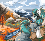 Size: 3236x2936 | Tagged: safe, artist:woonborg, imported from twibooru, oc, oc only, oc:tundral gale, pony, unicorn, autumn, cloak, clothes, cloud, commissioner:wolvan, female, image, mare, ocean, painterly, png, raised hoof, signature, solo