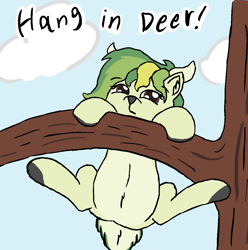 Size: 1060x1068 | Tagged: safe, artist:cocacola1012, imported from derpibooru, oc, oc:rhythm fruit, deer, belly, hang in there, hanging