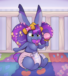 Size: 3239x3589 | Tagged: safe, artist:uniamoon, imported from derpibooru, rabbit, adult foal, animal, bow, bunnisi beauties, commission, crib, diaper, diapered, g5, hair bow, indoors, male, my little pony: tell your tale, nail polish, non-baby in diaper, pacifier, pigtails, playpen, rattle, sitting, smiling, solo, tail, twitch (g5), twitch is fabulous, wig