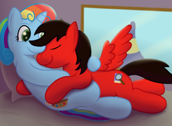 Size: 3400x2505 | Tagged: safe, artist:sweetielover, imported from derpibooru, oc, oc only, pegasus, pony, unicorn, bed, bedroom, duo, eyes closed, female, high res, horn, hug, male, pegasus oc, romantic, snuggling, spread wings, unicorn oc, window, wings