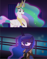 Size: 6627x8329 | Tagged: safe, artist:anime-equestria, imported from derpibooru, princess celestia, princess luna, bandaid, bandaid on nose, blade runner, blade runner 2049, blood, bridge, building, clothes, duo, female, hologram, horn, jacket, jewelry, looking up, meme, night, parody, peytral, regalia, wings