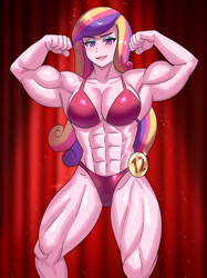 Size: 800x1067 | Tagged: safe, artist:tzc, imported from derpibooru, princess cadance, equestria girls, abs, bicep flex, biceps, bodybuilder, bodybuilding contest, breasts, busty princess cadance, clothes, commission, dean ca-dense, dean cadance, female, flexing, looking at you, muscles, muscular female, pecs, princess ca-dense, red bikini, red swimsuit, solo, swimsuit, thighs, thunder thighs