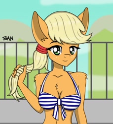 Size: 1558x1698 | Tagged: safe, artist:banquo0, imported from derpibooru, applejack, anthro, bikini, breasts, bust, cleavage, clothes, eyebrows, eyebrows visible through hair, female, looking at you, ponytail, smiling, solo, swimsuit