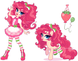 Size: 3568x2796 | Tagged: safe, artist:gihhbloonde, imported from derpibooru, pinkie pie, oc, earth pony, human, pony, equestria girls, blue eyes, blushing, boots, bow, bowtie, closed mouth, clothes, crossover, crossover fusion, curly hair, curly mane, curly tail, cutie mark, dress, female, freckles, hair bow, human ponidox, jewelry, lightly watermarked, looking at you, mare, necklace, open mouth, open smile, ponified, raised hoof, raised hooves, self paradox, self ponidox, shoes, simple background, skirt, smiling, socks, stockings, strawberry shortcake, strawberry shortcake (character), striped socks, tail, thigh highs, transparent background, watermark, waving, waving at you