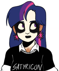 Size: 1242x1487 | Tagged: safe, alternate version, artist:sabbracadabras, imported from derpibooru, twilight sparkle, human, band shirt, bust, cutie mark accessory, cutie mark earrings, ear piercing, earring, face paint, female, humanized, jewelry, looking offscreen, piercing, simple background, solo, tan skin, white background