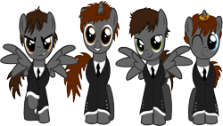 Size: 6185x3508 | Tagged: safe, artist:lonichedgehog, imported from derpibooru, pegasus, pony, unicorn, >:), blue eyes, brown eyes, brown mane, brown tail, clothes, george harrison, gray coat, green eyes, grin, horn, john lennon, male, necktie, one eye closed, paul mccartney, ponified, raised hoof, ringo starr, show accurate, simple background, smiling, smirk, spread wings, suit, tail, the beatles, transparent background, vector, wings, wink