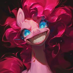 Size: 1024x1024 | Tagged: safe, imported from derpibooru, pinkie pie, ai content, ai generated, evil grin, generator:midjourney, glowing, glowing eyes, grin, head tilt, prompter:enterusxrname, smiling, xk-class end-of-the-world scenario