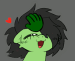 Size: 516x418 | Tagged: safe, imported from derpibooru, oc, oc:anon, oc:filly anon, earth pony, pony, black hair, cute, disembodied hand, eyes closed, female, filly, foal, green fur, hand, happy, heart, open mouth, open smile, petting, recolor, smiling, solo