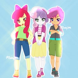 Size: 2048x2048 | Tagged: safe, artist:bunnysmg, imported from derpibooru, apple bloom, scootaloo, sweetie belle, human, equestria girls, crossed arms, cutie mark crusaders, female, hand on hip, high res, open mouth, open smile, outline, smiling, trio, trio female, white outline