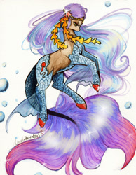 Size: 827x1068 | Tagged: safe, artist:divinekitten, imported from derpibooru, pony, bubble, colored hooves, colored pencil drawing, crossover, eyelashes, female, fins, fish tail, floating, flowing mane, flowing tail, hooves, long mane, long tail, madison beer, madison fear, mare, monster high, multicolored mane, multicolored tail, no mouth, ponified, scales, shiny hooves, shiny mane, shiny tail, side view, signature, simple background, solo, tail, traditional art, watercolor painting, wavy mane, white background