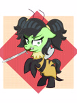 Size: 1200x1600 | Tagged: safe, artist:scandianon, imported from derpibooru, oc, oc only, oc:filly anon, angry, female, filly, knife, pigtails, solo, wasp costume