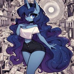 Size: 1024x1024 | Tagged: safe, imported from derpibooru, princess luna, anthro, abstract, adorasexy, ai content, ai generated, bare shoulders, breasts, clothes, curvy, cute, female, hourglass figure, impossibly thin waist, long hair, looking at you, prompter:horselover fat, reasonably sized breasts, sexy, shirt, shorts, shoulderless, solo, strapless, surreal, walking, wide hips