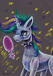 Size: 4409x6370 | Tagged: safe, artist:cahandariella, imported from derpibooru, rarity, unicorn, alternate hairstyle, colored pencil drawing, gray background, horn, mirror, punk, raripunk, simple background, solo, traditional art