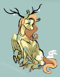 Size: 823x1058 | Tagged: safe, artist:justvoidsdumbstuff1, imported from derpibooru, angel bunny, fluttershy, pegasus, pony, rabbit, alternate color palette, alternate design, animal, antlers, cloven hooves, colored ears, colored hooves, colored wings, colored wingtips, dot eyes, duo, duo male and female, ear tufts, female, fetlock tuft, flower, long mane, long tail, looking at each other, looking at someone, male, mare, partially open wings, profile, raised hoof, redesign, signature, simple background, sitting, smiling, tail, teal background, two toned coat, two toned wings, unshorn fetlocks, wing fluff, wings