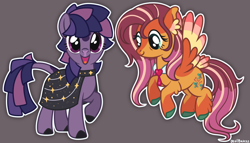 Size: 1012x577 | Tagged: safe, artist:devilbunzz, imported from derpibooru, part of a set, fluttershy, twilight sparkle, earth pony, pegasus, pony, alternate color palette, alternate design, alternate hairstyle, alternate tailstyle, alternate universe, bags under eyes, blaze (coat marking), cloak, clothes, coat markings, colored ear fluff, colored ears, colored hooves, colored muzzle, colored wings, colored wingtips, draw over, duo, duo female, ear fluff, earth pony twilight, facial markings, female, flying, gray background, horn, leg fluff, leonine tail, long mane, long tail, mare, multicolored mane, multicolored tail, multicolored wings, neck bow, open mouth, open smile, outline, purple coat, purple eyes, race swap, raised hoof, signature, simple background, smiling, snip (coat marking), socks (coat markings), spread wings, standing, straight mane, straight tail, tail, teal eyes, wall of tags, wingding eyes, wings, yellow coat