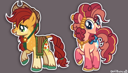 Size: 812x463 | Tagged: safe, artist:devilbunzz, imported from derpibooru, part of a set, applejack, pinkie pie, earth pony, pony, alternate color palette, alternate cutie mark, alternate design, alternate hair color, alternate tail color, alternate tailstyle, alternate universe, applejack's hat, blaze (coat marking), blue eyes, body freckles, braid, braided ponytail, braided tail, cape, clothes, coat markings, colored belly, colored hooves, colored muzzle, cowboy hat, curly mane, curly tail, draw over, duo, duo female, facial markings, female, freckles, gray background, green eyes, hat, leonine tail, lidded eyes, long mane, long tail, looking at you, mare, mealy mouth (coat marking), multicolored mane, multicolored tail, open mouth, open smile, outline, pale belly, peytral, pink coat, pink mane, pink tail, ponytail, raised hoof, red mane, red tail, signature, simple background, smiling, smiling at you, snip (coat marking), socks (coat markings), standing, tail, tied mane, tied tail, two toned mane, unshorn fetlocks, wall of tags, yellow coat