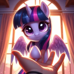Size: 1024x1024 | Tagged: safe, imported from derpibooru, twilight sparkle, alicorn, human, ai content, ai generated, cute, female, generator:dall-e 3, hand, hoof hold, looking at you, mare, twiabetes, twilight sparkle (alicorn), window