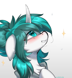 Size: 4296x4672 | Tagged: safe, artist:lunylin, imported from twibooru, oc, oc only, oc:tundral gale, pony, blushing, chest fluff, cloak, clothes, commissioner:wolvan, curved horn, female, floppy ears, gradient background, horn, image, mare, png, signature, simple background, white background