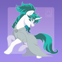 Size: 2160x2160 | Tagged: safe, artist:bluefeathercat, imported from twibooru, oc, oc:tundral gale, pony, unicorn, blue background, cape, cloak, clothes, commissioner:wolvan, curved horn, female, gradient background, horn, image, looking at you, mane, mare, open mouth, passepartout, png, signature, simple background, solo