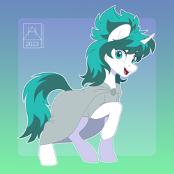 Size: 2160x2160 | Tagged: safe, artist:bluefeathercat, imported from twibooru, oc, oc:tundral gale, pony, unicorn, cape, cloak, clothes, commissioner:wolvan, curved horn, female, gradient background, green background, horn, image, looking at you, mare, open mouth, passepartout, png, raised hoof, signature, simple background, solo