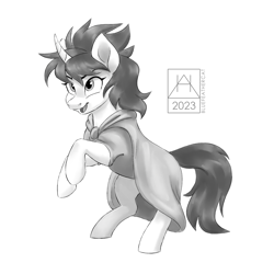 Size: 2160x2160 | Tagged: safe, artist:bluefeathercat, imported from twibooru, oc, oc only, oc:tundral gale, pony, unicorn, cape, cloak, clothes, commissioner:wolvan, curved horn, female, grayscale, horn, image, mare, monochrome, png, rearing, signature, simple background, white background