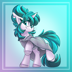 Size: 1000x1000 | Tagged: safe, artist:bbsce, imported from twibooru, oc, oc only, oc:tundral gale, pony, unicorn, cape, cloak, clothes, colored hooves, commissioner:wolvan, ear fluff, female, hock fluff, image, mare, passepartout, png, raised hoof, raised leg, signature, solo
