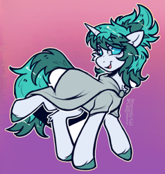 Size: 3251x3417 | Tagged: safe, alternate version, artist:yumkandie, imported from twibooru, oc, oc only, oc:tundral gale, pony, unicorn, cape, cloak, clothes, colored hooves, commissioner:wolvan, female, gradient background, halftone, image, mare, png, raised leg, signature, solo