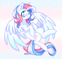 Size: 893x845 | Tagged: safe, artist:sillyp0ne, imported from derpibooru, star catcher, pegasus, pony, blue eyes, blushing, coat markings, colored pinnae, colored wings, eyelashes, facial markings, female, flag background, flying, g3, gradient wings, long mane, long tail, looking at you, mare, multicolored mane, multicolored tail, partially open wings, pride, pride flag, shiny mane, shiny tail, signature, smiling, smiling at you, solo, tail, transgender pride flag, two toned wings, wavy mane, wavy tail, white coat, wingding eyes, wings