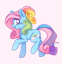 Size: 673x695 | Tagged: safe, artist:sillyp0ne, imported from derpibooru, rainbow dash (g3), earth pony, pony, alternate eye color, blue coat, blushing, colored pinnae, eye clipping through hair, female, g3, long mane, long tail, looking back, mare, multicolored mane, multicolored tail, pink background, ponytail, profile, purple eyes, raised hoof, raised leg, shiny mane, shiny tail, signature, simple background, smiling, solo, tail, tied mane, wingding eyes