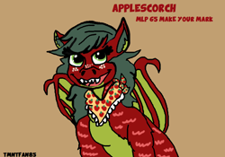 Size: 878x616 | Tagged: safe, artist:tmntfan85, imported from derpibooru, oc, oc only, oc:apple scorch, dracony, dragon, hybrid, pony, brown background, clothes, female, freckles, granny smith's shawl, interspecies offspring, looking at you, name, offspring, open mouth, open smile, parent:applejack, parent:spike, parents:applespike, scarf, sharp teeth, simple background, smiling, smiling at you, teeth