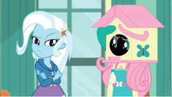 Size: 895x504 | Tagged: safe, artist:polorenzielephant, edit, edited screencap, imported from derpibooru, screencap, fluttershy, trixie, human, a little birdie told me, equestria girls, equestria girls series, bird house, context is for the weak, geode of fauna, magical geodes, object head, wat