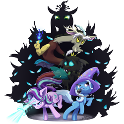 Size: 2854x2854 | Tagged: safe, artist:turkojar, imported from derpibooru, discord, queen chrysalis, starlight glimmer, thorax, trixie, changeling, changeling queen, draconequus, pony, unicorn, to where and back again, blast, female, fire, furrowed brow, glowing, glowing eyes, grin, horn, looking at you, magic, magic blast, male, mare, mouth hold, rearing, reformed four, silhouette, simple background, smiling, smoke bomb, transparent background