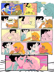 Size: 2551x3409 | Tagged: safe, artist:bixels, imported from derpibooru, applejack, rarity, human, ..., alternate name, blush lines, blushing, comic, dialogue, duo, duo female, female, forehead kiss, high res, humanized, kiss on the lips, kissing, lesbian, natural hair color, rarijack, red face, shipping, speech bubble, the grand galloping 20s