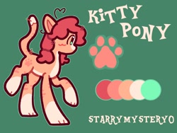 Size: 2000x1500 | Tagged: safe, artist:starrymysteryy, imported from derpibooru, oc, oc only, cat, cat pony, original species, pony, blushing, cat tail, female, green background, mare, paws, reference sheet, simple background, solo, tail