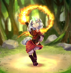 Size: 2144x2193 | Tagged: safe, artist:sparkling_light, imported from derpibooru, oc, oc only, pony, unicorn, bipedal, clothes, female, fire, firebending, forest, horn, nature, solo, tree