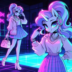 Size: 1024x1024 | Tagged: safe, imported from derpibooru, rarity, anthro, unicorn, adorasexy, ai content, ai generated, bag, choker, clothes, collar, cute, female, handbag, headphones, high heels, horn, jacket, looking at you, pointing at self, pose, prompter:horselover fat, purse, sexy, shoes, skirt, standing, swimming pool, synthpunk, vaporwave
