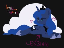 Size: 2048x1536 | Tagged: safe, alternate version, artist:starrymysteryy, imported from derpibooru, princess luna, alicorn, pony, cloud, female, headcanon, heart, hoof shoes, jewelry, lesbian, lying down, mare, peytral, prone, regalia, sexuality headcanon, solo
