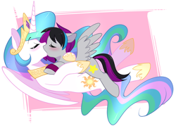 Size: 1280x919 | Tagged: safe, artist:dezzy, imported from derpibooru, princess celestia, oc, oc:cerulean starburst, alicorn, pegasus, blushing, crown, deep kissing, duo, female, jewelry, kissing, lesbian, mare, pegasus oc, regalia, tongue out, wings