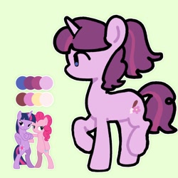 Size: 2048x2048 | Tagged: safe, artist:starrymysteryy, imported from derpibooru, pinkie pie, twilight sparkle, oc, alicorn, earth pony, pony, unicorn, adoptable, bedroom eyes, bipedal, crossed hooves, female, green background, horn, lesbian, magical lesbian spawn, mare, next generation, offspring, parent:pinkie pie, parent:twilight sparkle, parents:twinkie, reference sheet, shipping, simple background, twilight sparkle (alicorn), twinkie