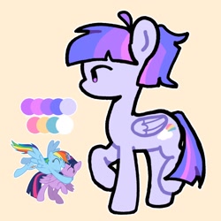 Size: 2048x2048 | Tagged: safe, artist:starrymysteryy, imported from derpibooru, rainbow dash, twilight sparkle, oc, alicorn, pegasus, pony, adoptable, female, flying, hug, lesbian, magical lesbian spawn, mare, next generation, offspring, parent:rainbow dash, parent:twilight sparkle, parents:twidash, reference sheet, shipping, simple background, twidash, twilight sparkle (alicorn)