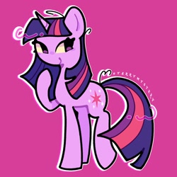Size: 2048x2048 | Tagged: safe, artist:starrymysteryy, imported from derpibooru, twilight sparkle, pony, unicorn, female, mare, pink background, simple background, solo, unicorn twilight