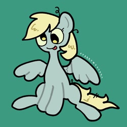 Size: 2048x2048 | Tagged: safe, artist:starrymysteryy, imported from derpibooru, derpy hooves, pegasus, pony, derp, female, green background, mare, simple background, sitting, solo, spread wings, tongue out, wings