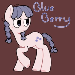 Size: 2048x2048 | Tagged: safe, artist:starrymysteryy, imported from derpibooru, oc, oc only, oc:blue berry, earth pony, pony, adoptable, braid, braided tail, brown background, female, freckles, mare, pigtails, simple background, tail