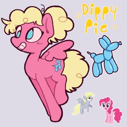 Size: 2048x2048 | Tagged: safe, artist:starrymysteryy, imported from derpibooru, derpy hooves, pinkie pie, oc, oc:dippy pie, earth pony, pegasus, pony, balloon, balloon animal, derp, female, flying, fusion, fusion:derpy hooves, fusion:pinkie pie, mare