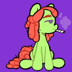 Size: 2048x2048 | Tagged: safe, artist:starrymysteryy, imported from derpibooru, tree hugger, earth pony, pony, blunt, drug use, drugs, female, mare, marijuana, purple background, simple background, sitting, smoking, solo