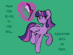 Size: 1024x768 | Tagged: safe, artist:starrymysteryy, imported from derpibooru, twilight sparkle, alicorn, pony, female, green background, magic, mare, mouthpiece, palestine, palestinian flag, politics, simple background, solo, telekinesis, text, twilight sparkle (alicorn)