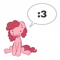 Size: 2048x2048 | Tagged: safe, artist:starrymysteryy, imported from derpibooru, pinkie pie, earth pony, pony, :3, dialogue, female, mare, simple background, sitting, solo, speech bubble, white background
